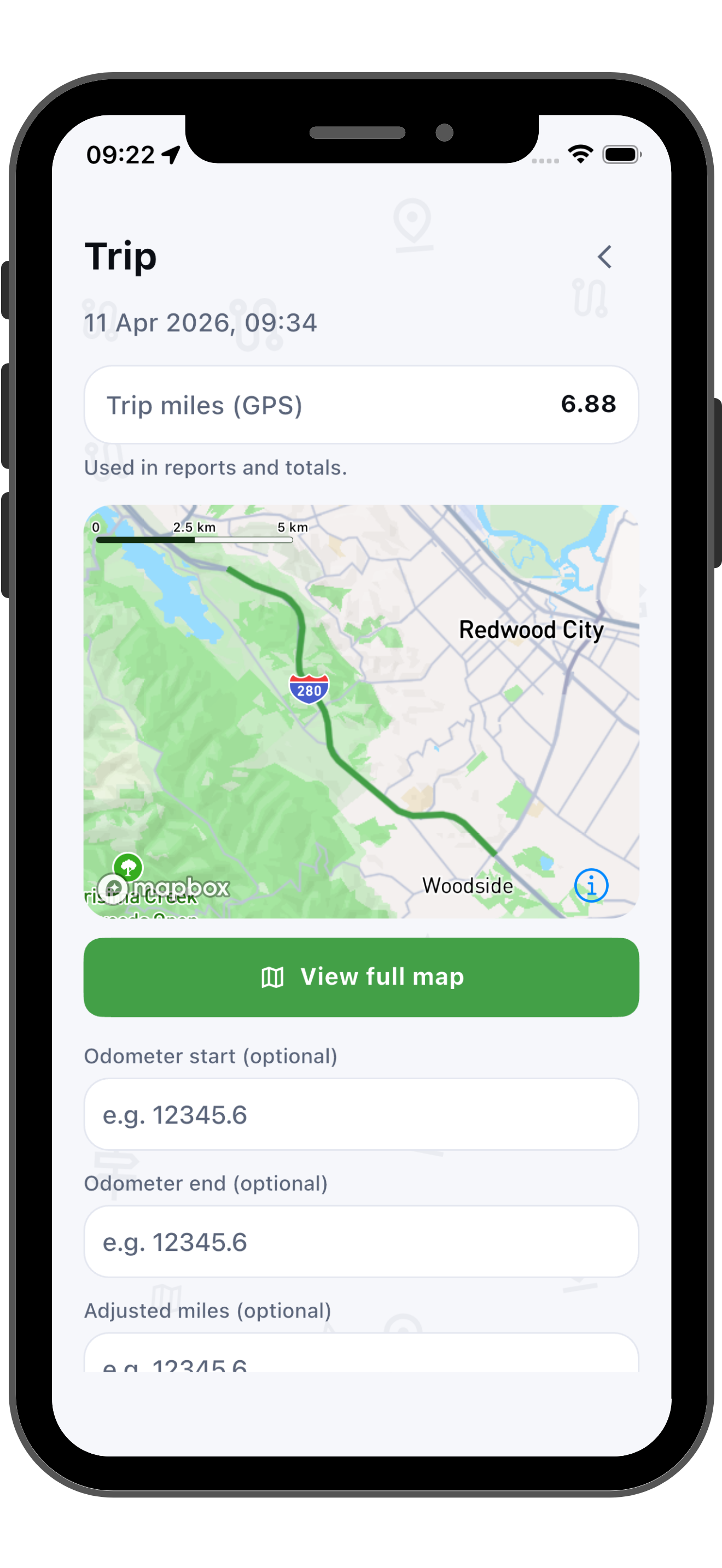 EV Mileage Tracker trip details screen