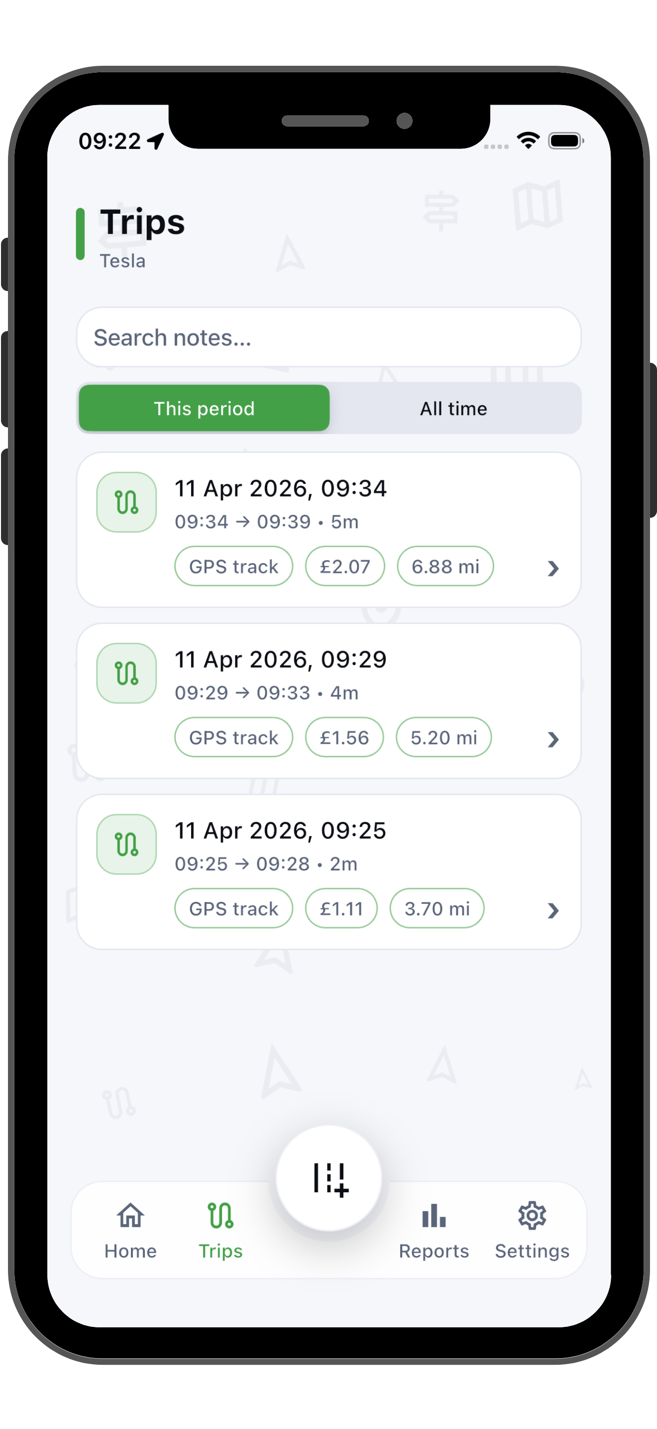 EV Mileage Tracker trips screen